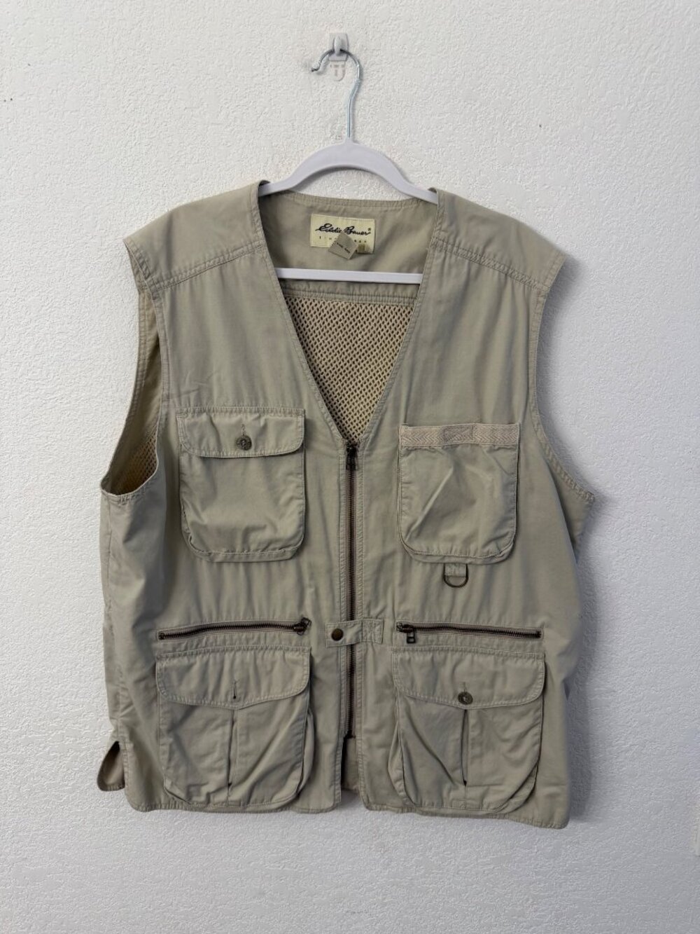 Eddie Bauer Mens Beige Utility Travel Vest Size Large 100% Cotton Multi-Pocket D